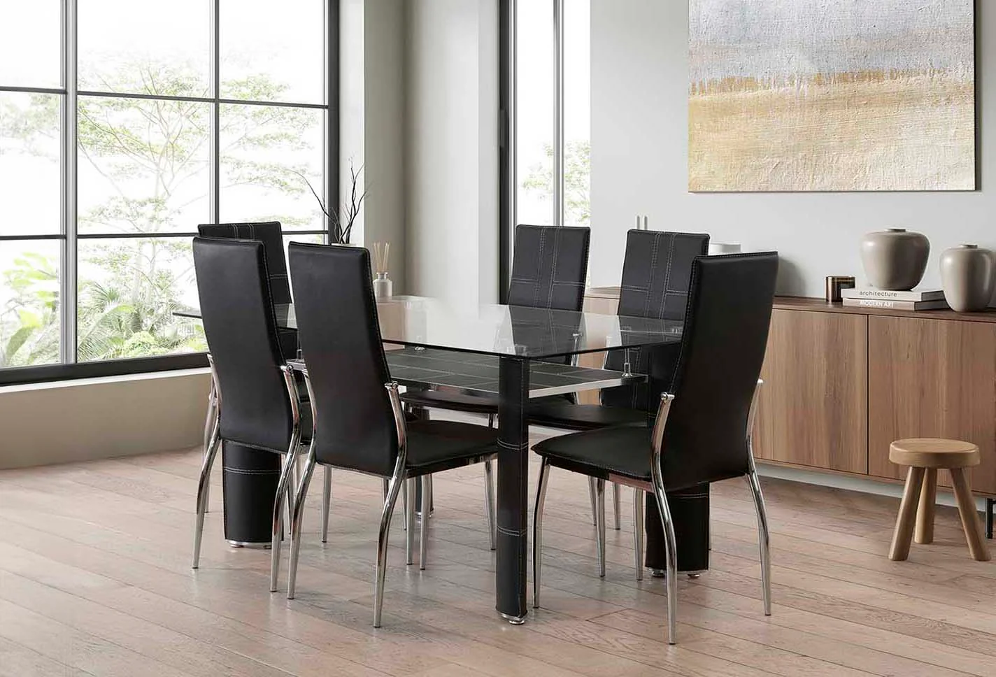 Mesa de Cristal Templado + 6 Sillas en Polipiel/Metal - Image 3