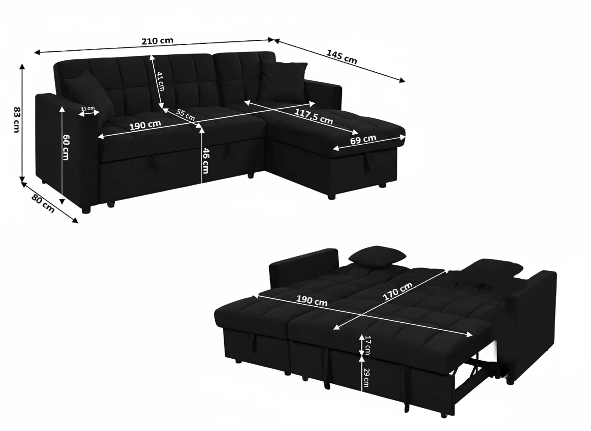 Sofa Cama Chaise Longue Kris 210cm Negro - Image 3