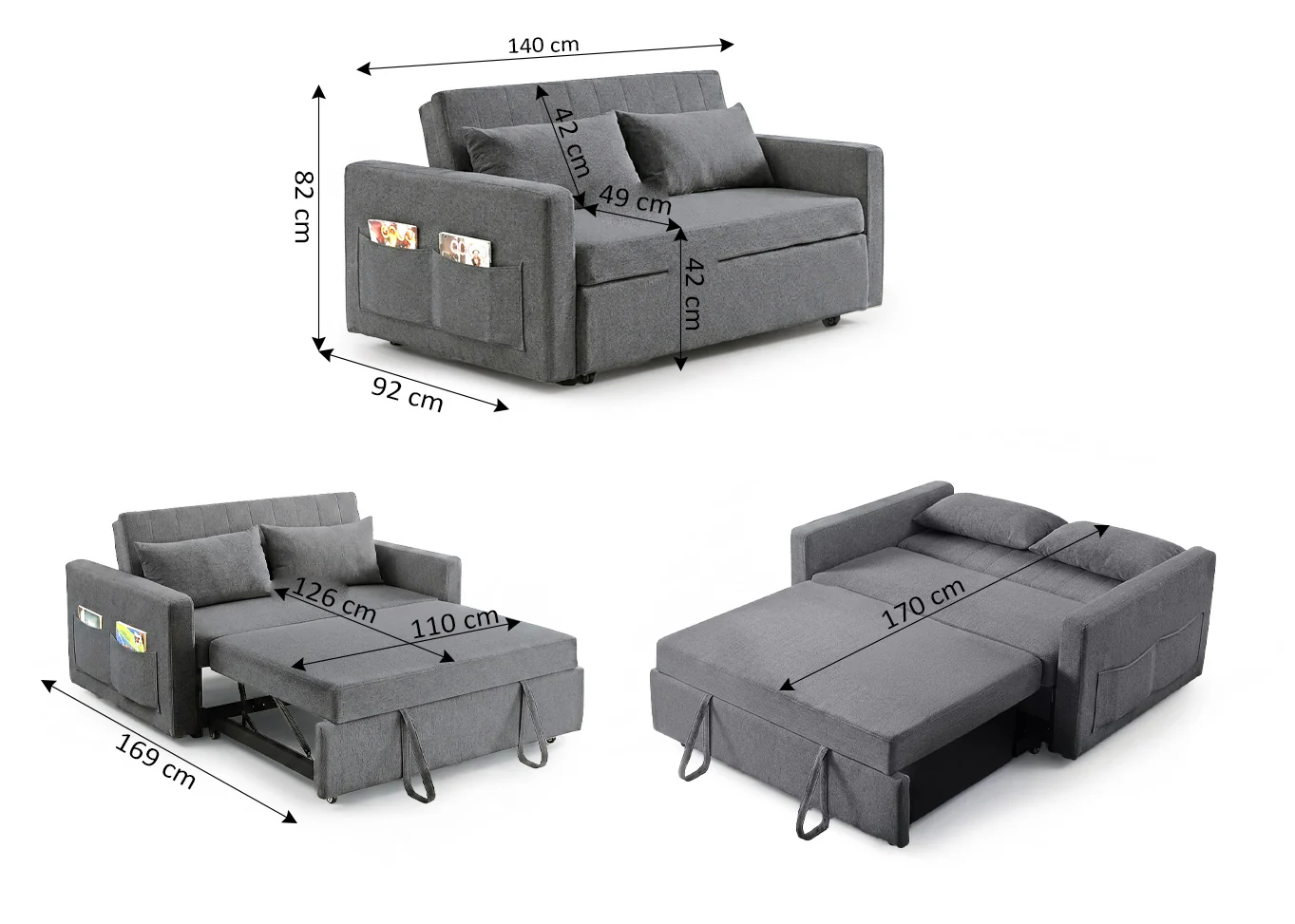 Sofa Cama de Matrimonio Tarantino Gris 140cm - Image 3